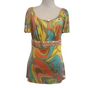 Trina Turk Colorful Silk Babydoll Top Womens Size XS Swirly Y2K Flutter Sleeve